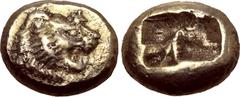 GREEK Kingdom of Lydia, Alyattes Fourrée Hekte - 1/6 Stater. Sardes, circa 600-561 BC. Lion's head to right with open jaws, sunburst on forehead / Two incuse square punches. GRPC Lydia G28; Weidauer 7