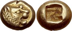 GREEK Kingdom of Lydia, Alyattes EL Hemihekte - 1/12 Stater. Sardes, circa 600-561 BC. Head of roaring lion to right, sunburst on forehead / Incuse square punch. GRPC Lydia G30; Weidauer group XVI, 90
