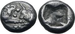 GREEK Kingdom of Lydia, Kroisos AR 1/12 Stater. Sardes, circa 561-546 BC. Confronted foreparts of lion to right and bull to left / Incuse square. GRPC Lydia S8; SNG Kayhan 1020-21; SNG von Aulock 2880