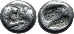 Greek Kingdom of Lydia, Kroisos AR 1/12 Stater. Sardes, circa 561-546 BC. Confronted foreparts of lion to right and bull to left / Incuse square. GRPC Lydia S8; SNG Kayhan 1020-21; SNG von Aulock 2880