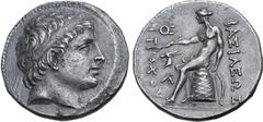Greek Seleukid Empire, Antiochos Hierax AR Tetradrachm. Aegae, 242(?)-247 BC. Diademed head of idealised young king to right / Apollo Delphios seated to left on omphalos, holding arrow and resting han