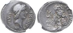 Roman Imperatorial Q. Sicinius and C. Coponius AR Denarius. Military mint moving with Pompey, 49 BC. Head of Apollo to right, hair tied with band; star below, Q•SICINIVS before, III•VIR behind / Club 