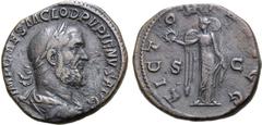 Roman Imperial Pupienus Æ Sestertius. Rome, AD 238. IMP CAES M CLOD PVPIENVS AVG, laureate, draped and cuirassed bust to right / VICTORIA AVGG, Victory standing facing, head to left, holding wreath in
