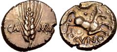 The Peaker Collection of Ancient British Britannia, the Catuvellauni and Trinovantes. Cunobelin AV Stater. Camulodunum, circa AD 10-20. 'Plastic' type. Grain ear; CA-MV across fields / Stylised horse 