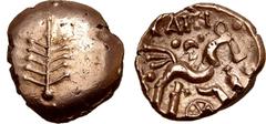 The Peaker Collection of Ancient British Britannia, the Dobunni. Catti AV Stater. AD 1-20(?). 'Catti tree' type. Dobunnic emblem of tree with pellet at base / Stylised horse to right; CATTI and sun wi