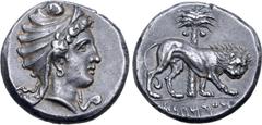 Greek Sicily, Siculo-Punic AR Tetradrachm. 'People of the Camp' mint (Entella?), circa 320-315 BC. Female head (Artemis-Tanit or Elissa-Dido?) to right, wearing Phrygian tiara / Lion walking to right;