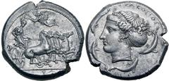 Greek Sicily, Syracuse AR Tetradrachm. Time of the Second democracy, circa 415-405 BC. Obverse die signed by Euainetos. Reverse die signed by Eukleidas. Charioteer, holding kentron and reins, driving 