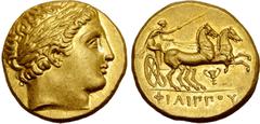Greek Kingdom of Macedon, temp. Philip II - Alexander III AV Stater. In the name and types of Philip II. Pella, circa 340-328 BC. Laureate head of Apollo to right / Charioteer, holding kentron and rei