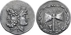 Greek Islands off Troas, Tenedos AR Tetradrachm. Circa 160-70 BC. Janiform head of laureate bearded male to left and female to right, wearing stephanos / Labrys; TENEΔIΩN above, handle flanked by mono
