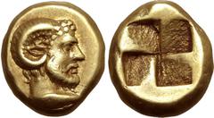 Greek Mysia, Kyzikos EL Hekte. Circa 500-450 BC. Head of Zeus-Ammon to right atop tunny fish to right / Quadripartite incuse square. Cf. Von Fritze 130 (unlisted denomination); cf. Greenwell 3 (same);