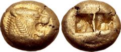 Greek Kingdom of Lydia, Alyattes EL Trite - 1/3 Stater. Sardes, circa 600-561 BC. Head of roaring lion to right, sunburst with five(?) rays on forehead / Two incuse square punches. GRPC Lydia G25; Wei