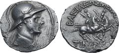 Greek Seleukid Empire, Timarchos AR Tetradrachm. Seleukia on the Tigris, circa 164-161 BC. Diademed and draped bust to right, wearing crested Boiotian helmet with scroll element / The Dioskouroi on ho