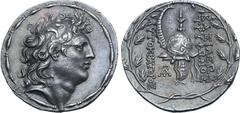 Greek Seleukid Empire, Diodotos Tryphon AR Tetradrachm. Antioch, circa 142/1-138 BC. Diademed head of Tryphon to right, filleted border around / ΒΑΣΙΛΕΩΣ ΤΡΥΦΩΝΟΣ ΑΥΤΟΚΡΑΤΟΡΟΣ, Macedonian helmet adorn