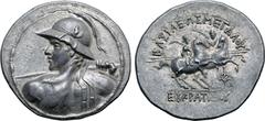 Greek Greco-Baktrian Kingdom, Eukratides I Megas AR Tetradrachm. Circa 170-145 BC. Diademed heroic bust to left, seen from behind, wearing crested helmet adorned with bull's horn and ear, brandishing 