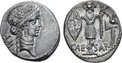 Roman Imperatorial Julius Caesar AR Denarius. Military mint travelling with Caesar, 48-47 BC. Diademed female head to right, wearing oak-wreath; LII (Caesar's age) behind / Trophy of Gallic arms, wear