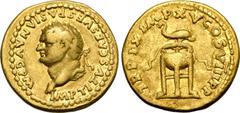 Roman Imperial Titus AV Aureus. Rome, AD 80. IMP TITVS CAES VESPASIAN AVG P M, laureate head to left / TR P IX IMP XV COS VIII P P, tripod with fillets; dolphin to right on wreath above, flanked by ra