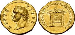 Roman Imperial Divus Titus AV Aureus. Restoration issue under Trajan. Rome, AD 107. DIVVS TITVS, laureate head to left / IMP CAES TRAIAN•AVG GER•DAC•P•P•REST, pulvinar (throne) of Jupiter and Juno: sq