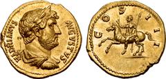 Roman Imperial Hadrian AV Aureus. Rome, AD 125-127. HADRIANVS AVGVSTVS, laureate, draped and cuirassed bust to right / COS III, emperor on horse prancing to left, raising right hand and holding spear 