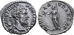 Roman Imperial Pertinax AR Denarius. Rome, AD 193. IMP CAES P HELV PERTIN AVG, laureate head to right / MENTI LAVDANDAE, unidentified female deity (Bona Mens?) standing to left, holding wreath and sce