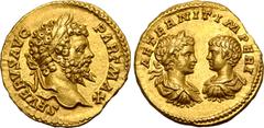 Roman Imperial Septimius Severus, with Caracalla and Geta, AV Aureus. Rome, AD 200-201. SEVERVS AVG PART MAX, laureate head of Severus to right / AETERNIT IMPERI, laureate, draped and cuirassed bust o