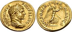Roman Imperial Caracalla AV Aureus. Rome, AD 213. ANTONINVS PIVS FEL AVG, laureate and cuirassed bust to right / VICTORIA GERMANICA, Victory, winged and draped, advancing to right, holding wreath in e