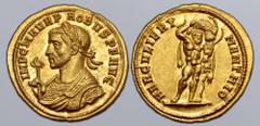 Roman Imperial Probus AV Aureus. Siscia, AD 278. IMP C M AVR PROBVS P F AVG, laureate bust to left, wearing imperial mantle and holding eagle-tipped sceptre / HERCVLI ERYMANTHIO, Hercules standing sli