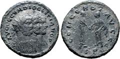 Roman Imperial Carausius Æ Radiate. C mint, AD 290-292. AVGGG C V M DIOCLETIANO P, jugate, radiate and cuirassed busts of Carausius, Diocletian and Maximian to right / CONCORDI AVGGG, Concordia standi