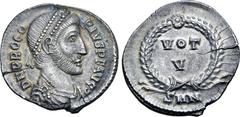Roman Imperial Procopius AR Siliqua. Nicomedia, AD 365-366. D N PROCOPIVS P F AVG, pearl-diademed, draped and cuirassed bust to right / VOT V in two lines within laurel wreath; SMN in exergue. RIC IX 