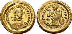 The Campostella Collection Valentinian III AV Solidus. Constantinople, AD 425-429. D N VALENTINIANVS P F AVG, pearl-diademed, helmeted and cuirassed bust facing slightly to right, holding spear and sh