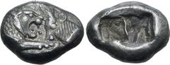Greek Kingdom of Lydia, Kroisos AR 1/6 Stater. Sardes, circa 561-546 BC. Confronted foreparts of lion to right and bull to left / Two incuse square punches of unequal size. GRPC Lydia S6; Rosen 667; S