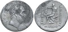 Greek Greco-Baktrian Kingdom, Agathokles Dikaios AR Tetradrachm. Circa 185-170 BC. "Pedigree issue". Diademed head of Euthydemos I to right; EYΘYΔHMOY before, ΘEOY behind / Herakles seated to left on 