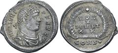 Roman Imperial Valens AR Siliqua. Constantinople, AD 367-375. D N VALENS P F AVG, pearl-diademed, draped and cuirassed bust to right / VOT X MVLT XX in four lines within wreath; CONS• in exergue. RIC 