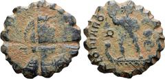 Roman Imperial Roman Gaming Token(?), designed and elaborately cut from uncertain emperor Æ 19mm. Helmeted, draped and cuirassed bust to right, holding spear and shield / GLORIA RO[MANORVM], emperor s
