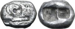 Greek Kingdom of Lydia, Kroisos AR Siglos. Sardes, circa 561-564 BC. Confronted foreparts of lion to right and bull to left / Two incuse square punches of unequal size. GRPC Lydia S3; Rosen 663-5; SNG