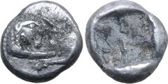 Greek Kingdom of Lydia, Kroisos AR 1/24 Stater. Sardes, circa 561-546 BC. Confronted foreparts of lion to right and bull to left / Incuse punch. GRPC Lydia S10; SNG Tübingen 3652-3. 0.40g, 7mm. About 