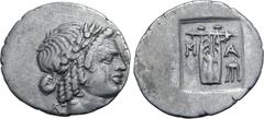 Greek Lykian League, Masikytes AR Hemidrachm. Circa 28-18 BC. Laureate head of Apollo to right; Λ-[Y] across fields / Kithara; M-A across fields, tripod in lower right field; all within shallow incuse