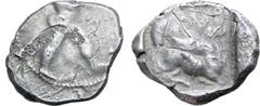 Greek Cyprus, Kition AR Stater. Azbaal, circa 449-425 BC. Herakles in fighting stance to right, wearing lion skin upon his back and tied around neck, holding club overhead in right hand and bow extend
