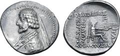 Greek Kings of Parthia, Arsakes XVI AR Drachm. Rhagai mint, circa 78/7-68/7 BC. Diademed bust to left; torque ends in pellet / ΒΑΣΙΛΕΩΣ ΜΕΓΑΛ[ΟΥ] ΑΡΣΑΚΟΥ [Θ]ΕΟΠΑΤΟΡΟΣ [Ε]ΥΕΡΓΕΤΟΥ, Archer (Arsakes I) s