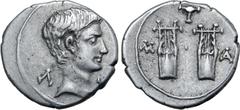 Roman Provincial Augustus AR Drachm of Masicytus, Lycia. 27-20 BC. Bare head to right; Λ-[Υ] across fields / Two citharas, pellet between, plectrum above and M-A across outer fields. RPC I 3309c; SNG 