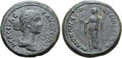 Roman Provincial Faustina II (wife of M. Aurelius) Æ 22mm of Maeonia, Lydia. AD 161-163. Quintus, first archon. ΦΑVϹΤЄΙΝΑ ΝЄΑ ϹЄΒΑϹ, draped bust to right / ЄΠΙ ΚVЄΙΝΤΟV ΑΡΧ(?) ΜΑΙΟΝΩΝ, Demeter standin