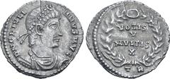 Roman Imperial Julian II AR Siliqua. Treveri, AD 360-363. D N CL IVLIANVS AVG, pearl-diademed, draped and cuirassed bust to right / VOTIS V MVLTIS X in four lines within wreath with jewel at apex; TR 