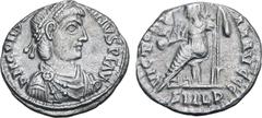 Roman Imperial Constantine III AR Siliqua. Lugdunum, AD 408-411. D N CONS[TANT]INVS P F AVG, pearl-diademed, draped and cuirassed bust to right / VICTORIA AAAVGGG, Roma seated to left on cuirass, hold