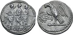 Greek Thracian Dynasts, Koson AR Drachm. Circa 42-29 BC. Roman consul (L. Junius Brutus?) walking to left, accompanied by two lictors; monogram before, KOΣΩN in exergue / Eagle with spread wings stand