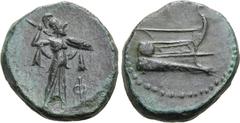 Greek Lycia, Phaselis Ӕ 17mm. Circa 220-180 BC. Prow of galley to right / Athena standing to right, holding thunderbolt and aegis; Φ before. Heipp-Tamer B45; M&M 40, 260. 6.26g, 17mm, 12h. Good Very F