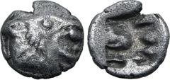 Greek Persia, Achaemenid Empire AR 1/48 Stater. Time of Kyros - Darios I, in the types of Kroisos. Sardes, circa 550-520 BC. Head of roaring lion to right / Irregular incuse punch. GRPC Lydia S13 = Na
