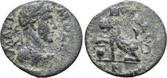 Roman Provincial Maximus, as Caesar, Æ 17mm of Nysa, Lydia. AD 235-238. ΜΑΖΙΜΟϹ Κ, laureate, draped and cuirassed bust to right / NVCAЄΩN, panther seated to left, placing paw on vase. RPC VI Online 47