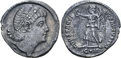 Roman Imperial Constantine II AR Siliqua. Constantinople, AD 337-340. Laurel-and-rosette diademed head to right / CONSTANTINVS AVGVSTVS, Victory advancing to left, holding wreath and palm-branch; C•H 