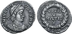 Roman Imperial Julian II AR Siliqua. Arelate, circa AD 360-363. D N IVLIANVS P F AVG, pearl-diademed, draped and cuirassed bust to right / VOTIS V MVLTIS X in four lines within wreath; PCON in exergue