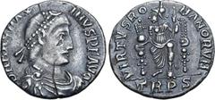 Roman Imperial Magnus Maximus AR Siliqua. Treveri, AD 383-388. D N MAG MAXIMVS P F AVG, pearl-diademed, draped and cuirassed bust to right / VIRTVS ROMANORVM, Roma enthroned facing, head to left, hold