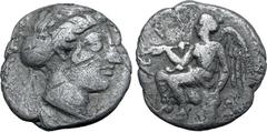 GREEK Bruttium, Terina AR Triobol. Circa 420-400 BC. Head of nymph to right; Π behind neck / Nike seated to left on cippus, holding bird-tipped sceptre; Π to lower right; ΤΕΡΙΝΑ around. HN Italy 2624;